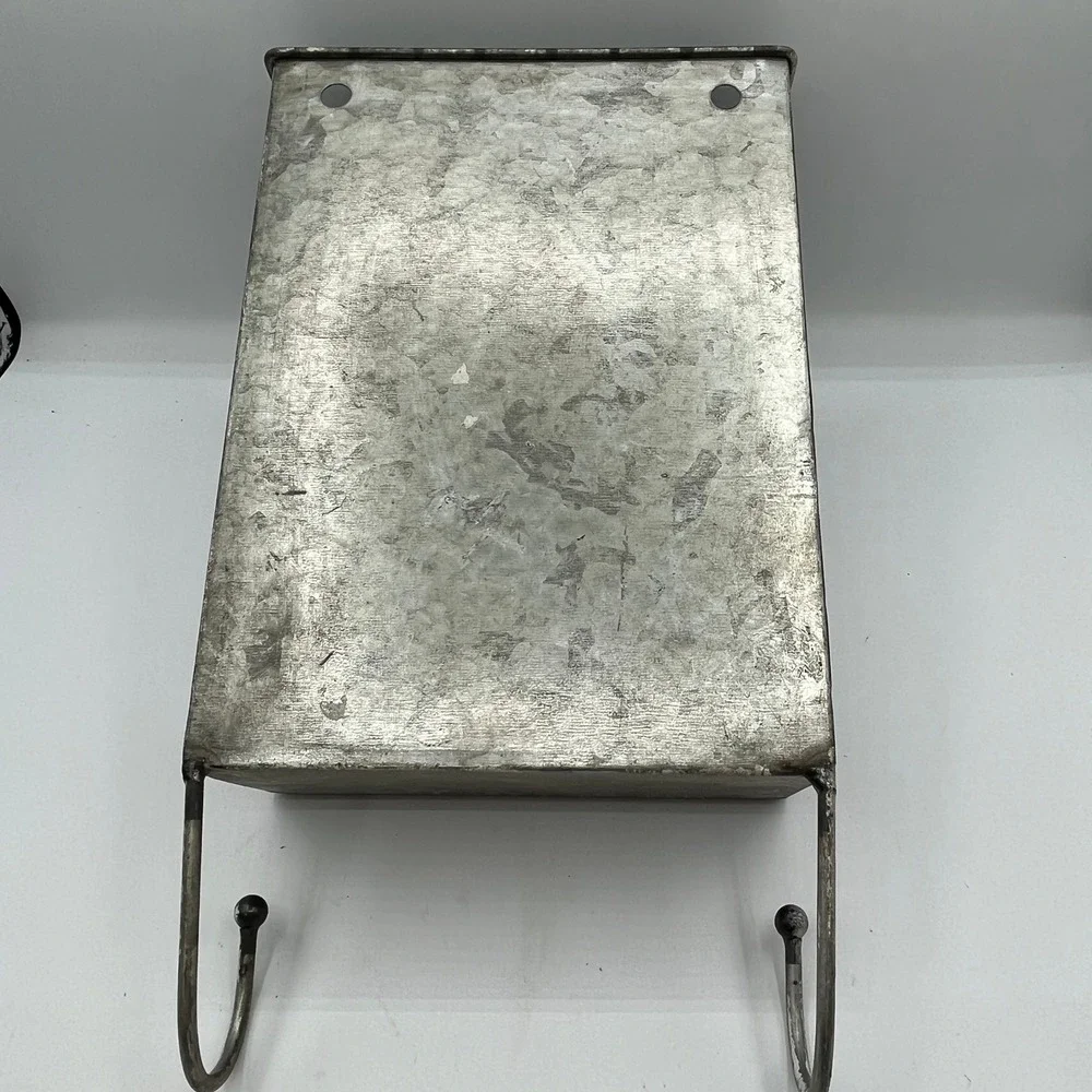 Galvanized Metal Wall Organizer Mail Bin with 2 Hooks Industrial Farmhouse Gray
